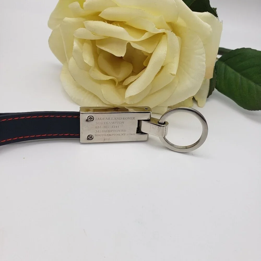 Jaguar Land Rover Chrome and Black Leather Strap Key Chain Fob Luxury Car